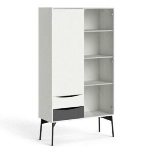 Fur China Cabinet 1 Door + 1 Glass Door + 2 Drawers in Grey and White display cases for collectibles - Display Cabinets - Home Store UK