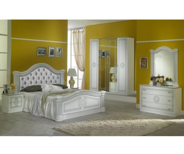 Ben Company New Serena Padded White and Silver Italian Bed Group Set with 4 Door Wardrobe Italian Bedroom Set Home Store UK