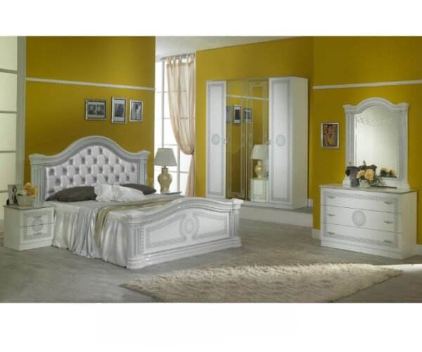 Ben Company New Serena Padded White and Silver Italian Bed Group Set with 6 Door Wardrobe ﻿Italian Bedroom Set home store Uk