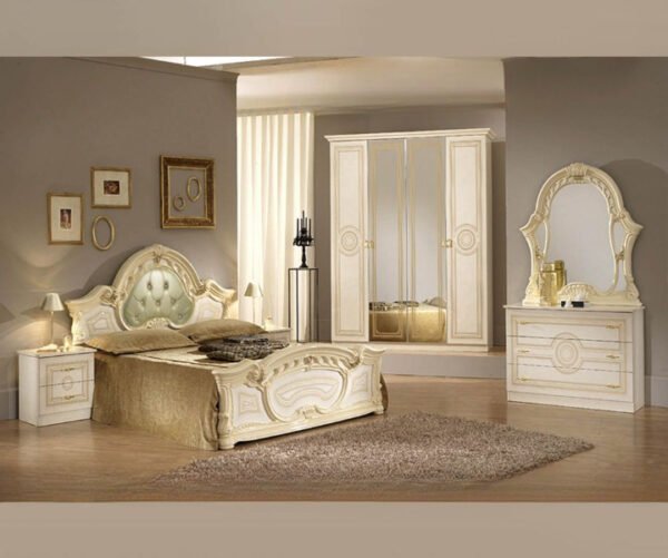 Ben Company Sara Padded Beige Finish Italian Bed Group Set with 6 Door Wardrobe Italian Bedroom Set Home Store UK
