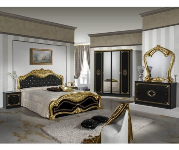 Dima Mobili Lucy Black and Gold Bedroom Set with 4 Door Wardrobe and Upholstered Bed Frame Italian Bedroom Set Home Store UK