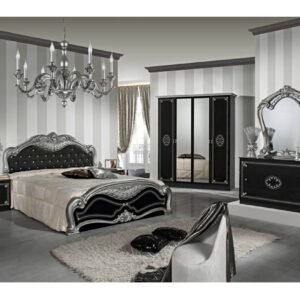 Dima Mobili Lucy Black and Silver Bedroom Set with 6 Door Wardrobe and Upholstered Bed Frame Italian Bedroom Set Home Store UK