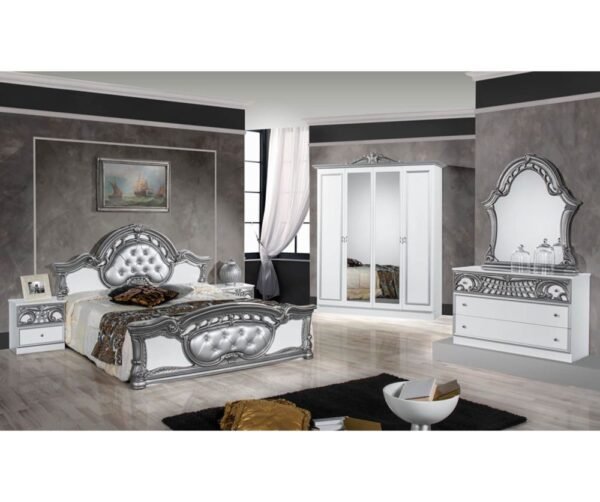 Dima Mobili Marwa White and Silver Bedroom Set with 6 Door Wardrobe Italian Bedroom Set Home Store UK