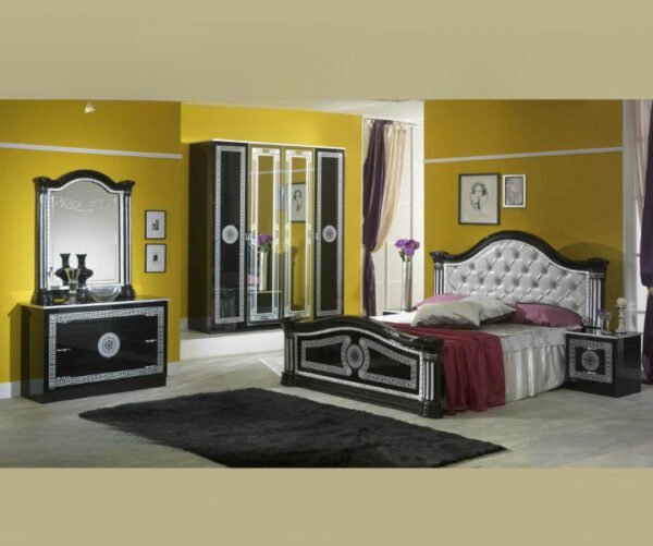Ben Company New Serena Padded Black and Silver Italian Bed Group Set with 6 Door Wardrobe Italian Bedroom Set Home Store UK