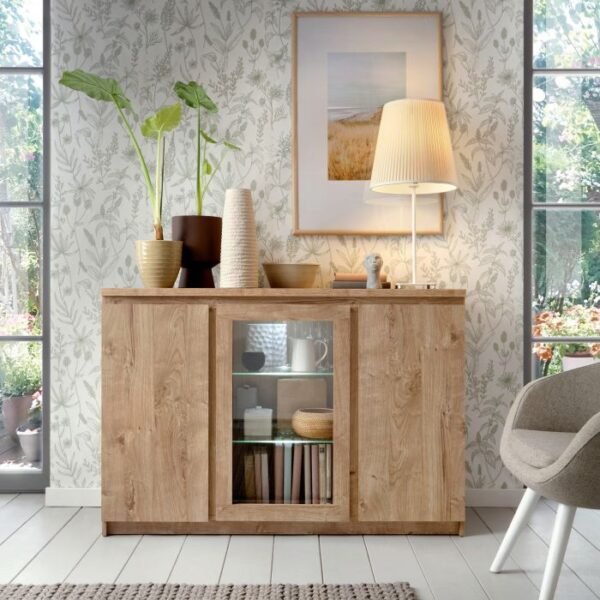 Lake 3 Door Sideboard (Glazed Centre) in White/Grey - Sideboards - Home Store UK