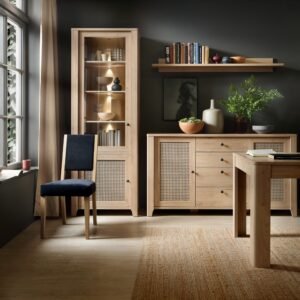 Avery 2 Door Display Cabinet in Jackson Hickory Oak and Rattan Effect - Display Cabinets - Home Store UK