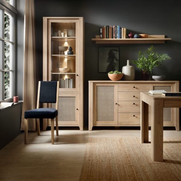 Avery 2 Door Display Cabinet in Jackson Hickory Oak and Rattan Effect - Display Cabinets - Home Store UK