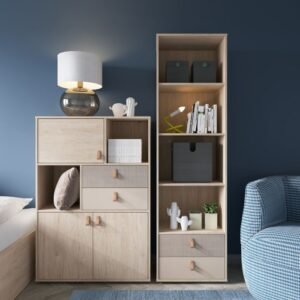 Colson 2 Drawer Bookcase in Light Walnut, Grey Fabric Effect and Cashmere