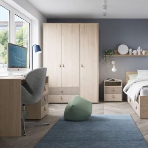 Colson 3 Drawer Desk in Light Walnut, Grey Fabric Effect and Cashmere