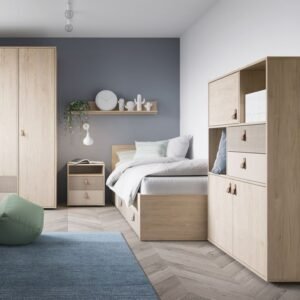Colson 2 Drawer Bedside Cabinet in Light Walnut, Grey Fabric Effect and Cashmere Bedside Home Store UK