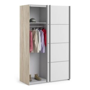 Ross Sliding Wardrobe 120cm in Oak with White Doors with 2 Shelves