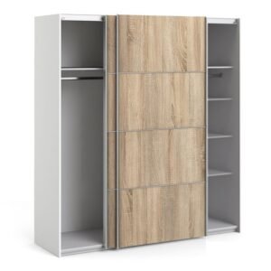 Ross Sliding Wardrobe 180cm in White with Oak Doors with 5 Shelves