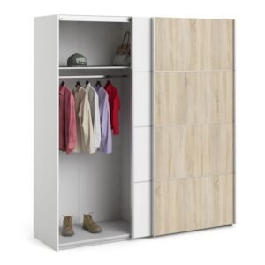 Ross Sliding Wardrobe 180cm in White with White and Oak Doors with 2 Shelves