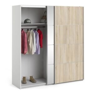 Ross Sliding Wardrobe 180cm in White with Oak and Mirror Doors with 2 Shelves