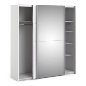 Ross Sliding Wardrobe 180cm in White with White and Mirror Doors with 5 Shelves