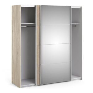 Ross Sliding Wardrobe 180cm in Oak with Oak and Mirror Doors with 2 Shelves