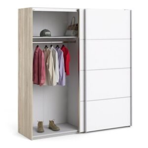 Ross Sliding Wardrobe 180cm in Oak with White Doors with 5 Shelves
