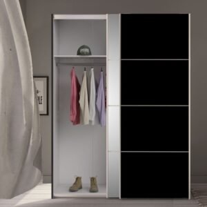 Ross Sliding Wardrobe 180cm in Black Matt with Black Matt and Mirror Doors with 2 Shelves