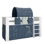 Perry for Kids Mid Sleeper in Whitewash Grey Brown Lacquered, Includes - Universe Tent + Tunnel + 2 Pockets in Blue + 1 Pocket in Green - Kids Room - Home Store UK