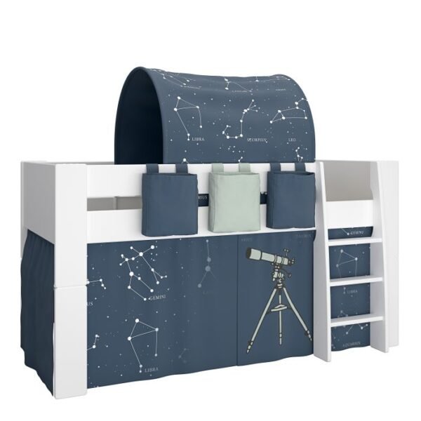 Perry for Kids Mid Sleeper in Whitewash Grey Brown Lacquered, Includes - Universe Tent + Tunnel + 2 Pockets in Blue + 1 Pocket in Green - Kids Room - Home Store UK