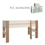 Perry for Kids Mid Sleeper in Whitewash Grey Brown Lacquered, Includes - World Tent + Tunnel + 2 Pockets in Green + 1 Pocket in Sand - Kids Room - Home Store UK