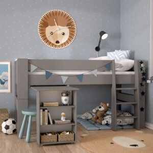 Perry for Kids Mid Sleeper in Folkstone Grey, Includes - Universe Tent + Tunnel + 2 Pockets in Blue + 1 Pocket in Green - Kids Room - Home Store UK
